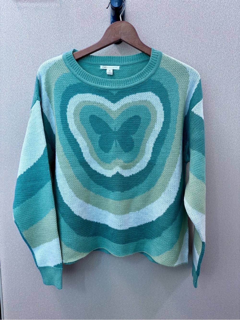 Cato Teal & Mint Butterfly Intarsia Crewneck Sweater NWT